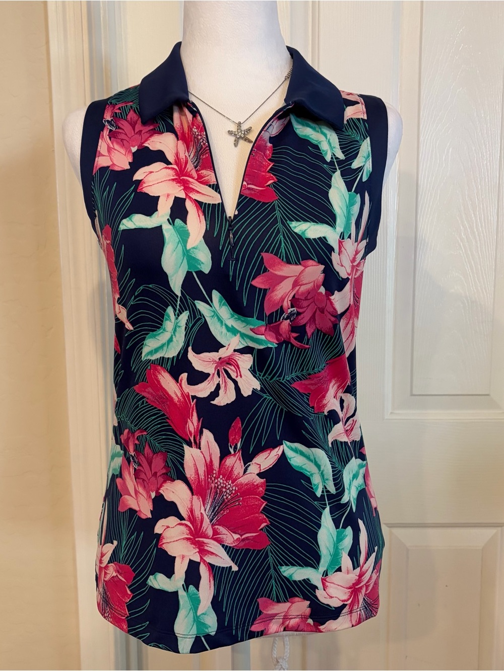 Tommy Bahama Navy Floral Sleeveless Collared Tank with Pink & Teal Blooms